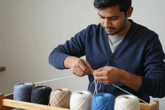 South Asian man in a navy cardigan manipulates yarn above a wooden swift holding multiple yarn skeins
