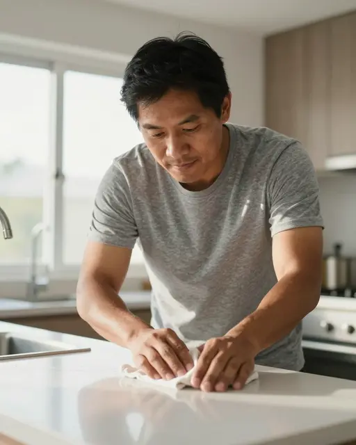 A man wipes a white kitchen countertop with a cloth in soft morning light.