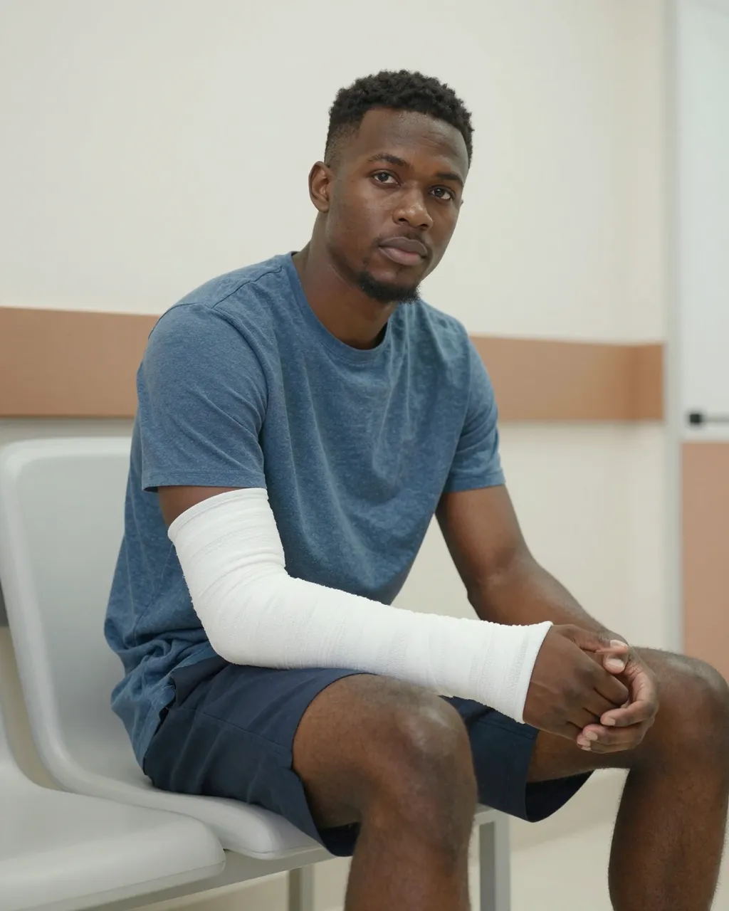 Young Black man with an arm cast sits on a clinic waiting room chair looking at the camera