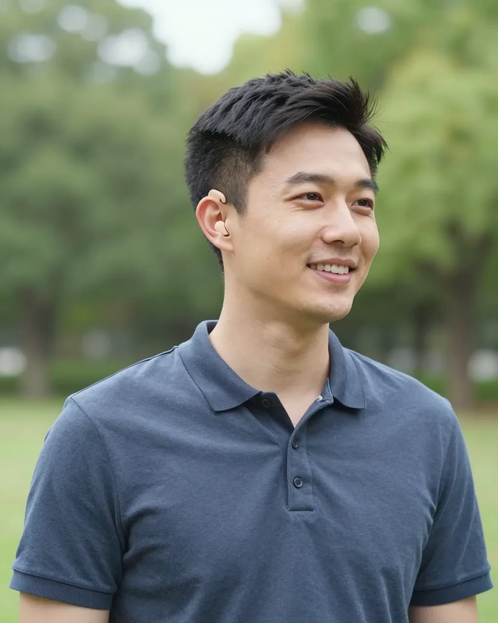 Smiling East Asian man in his late twenties wearing a cochlear implant standing in a sunny park