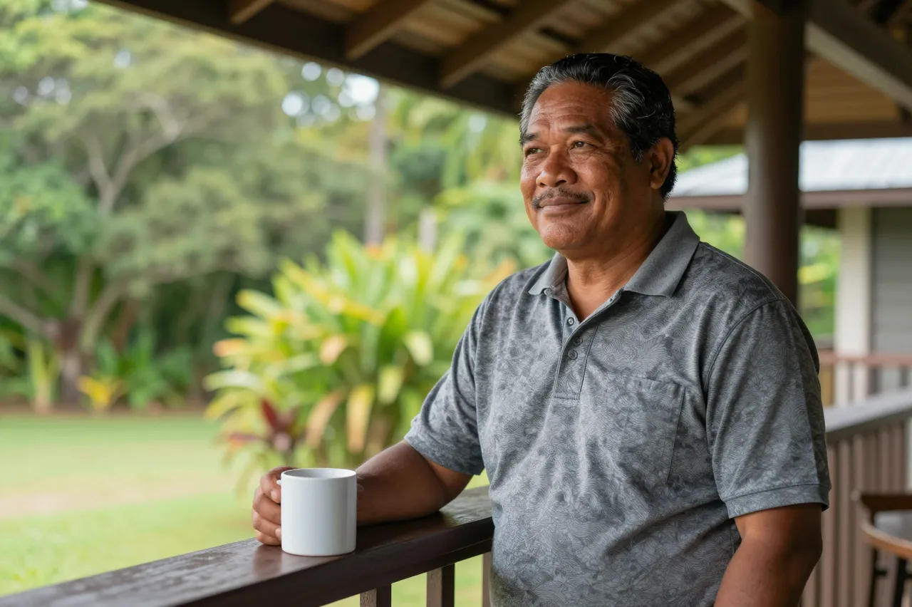 Senior Pacific Islander man stands on a covered veranda holding a white coffee mug overlooking a lush green garden