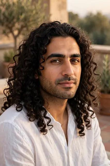 Portrait of a Middle Eastern man in his thirties with long curly hair wearing a white linen top in warm terrace light