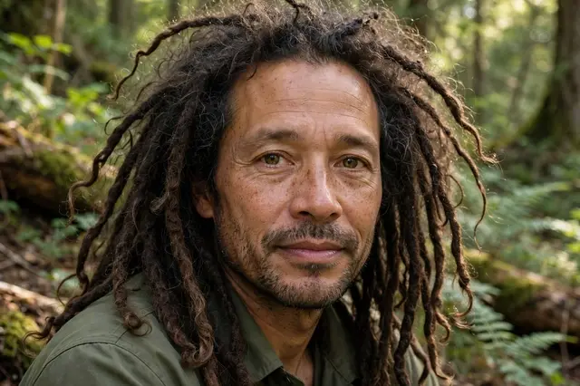 A close-up portrait of a mixed-race man in his forties with freeform locs, wearing an olive jacket, in a sun-dappled forest.