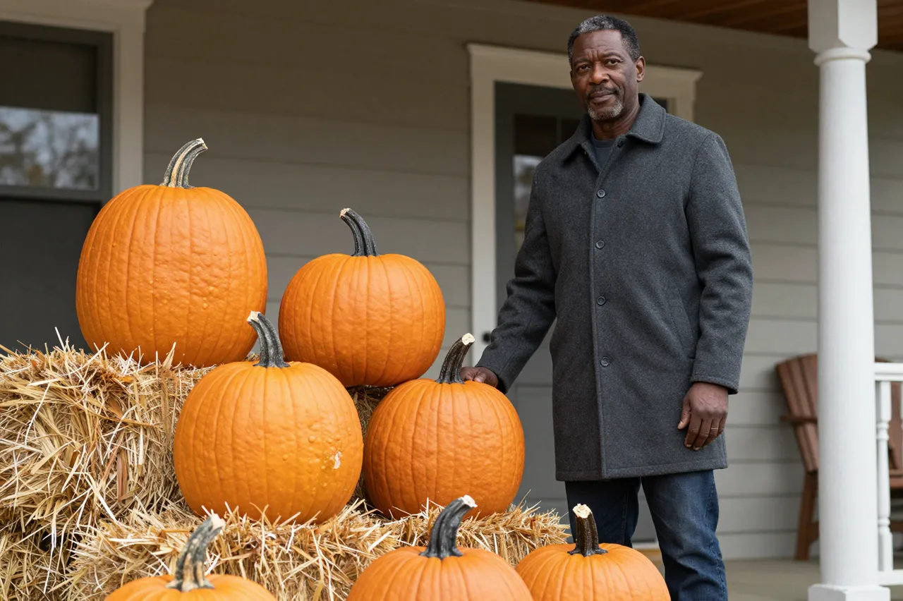 Middle aged Black man in a charcoal coat stands next to stacked pumpkins and hay bales on a home porch