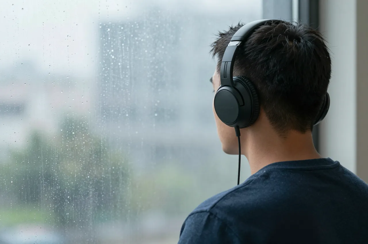 Viewed from behind, an adult man wearing plain black headphones looks out a rain-streaked window.