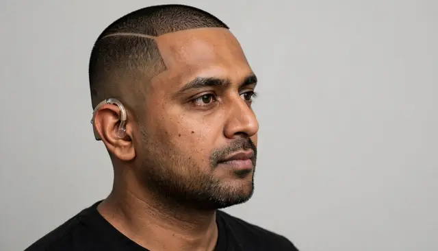 Profile view studio portrait of a South Asian man with a buzz cut and behind-the-ear hearing aid against a plain gray