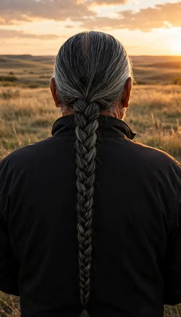 Back view of an older man with a long gray braid standing in a grassy prairie at golden sunset