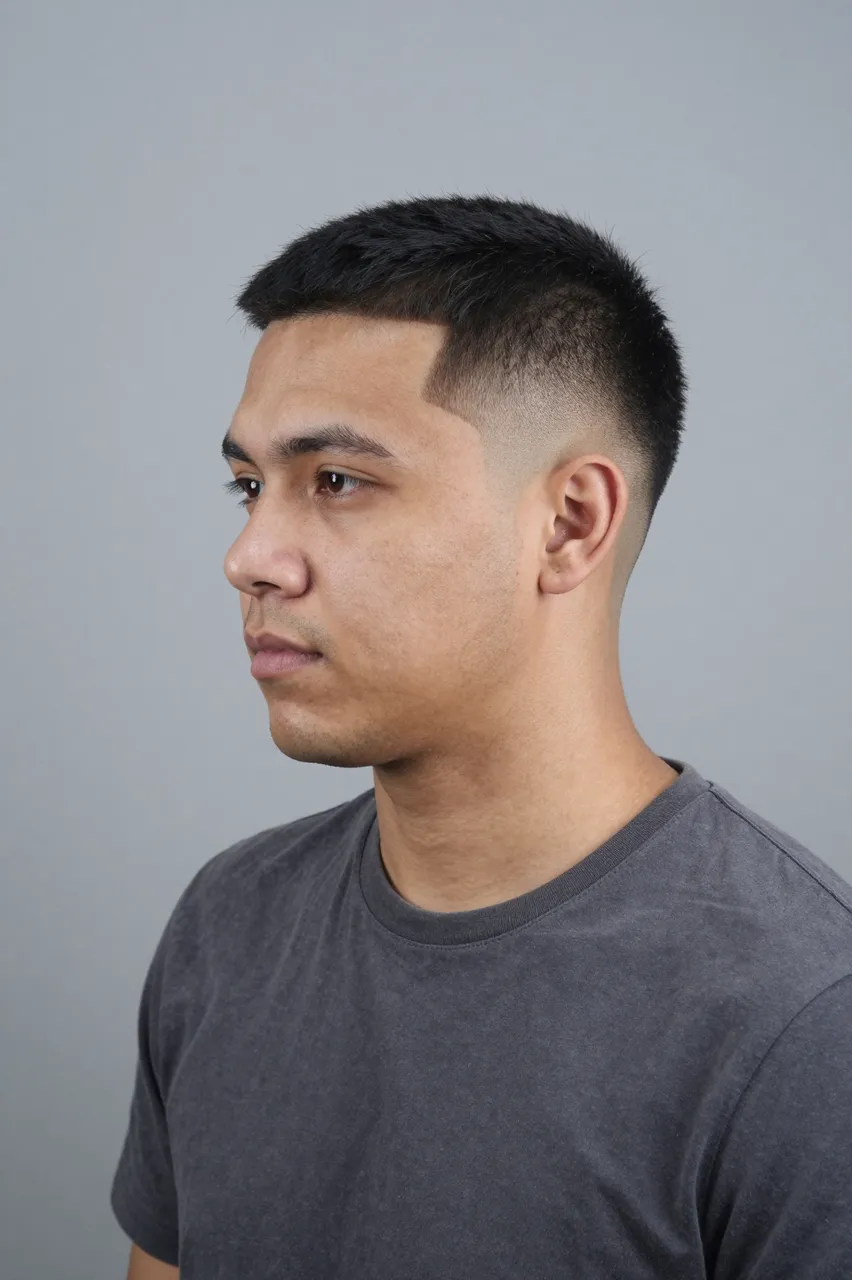 Three-quarter profile portrait of a late twenties Latino man with a low fade haircut against a plain grey backdrop