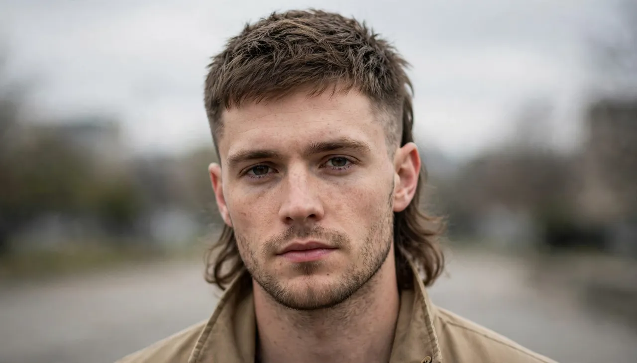 Close-up outdoor portrait of a late twenties man with a modern mullet hairstyle and tan jacket under overcast skies