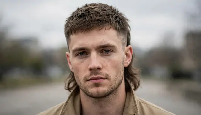Close-up outdoor portrait of a late twenties man with a modern mullet hairstyle and tan jacket under overcast skies