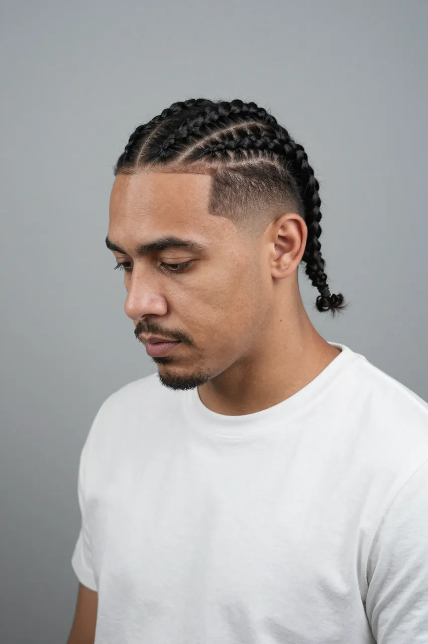 A Latino man in his thirties wears a plain white t-shirt and styled cornrows against a soft gray backdrop, looking down and