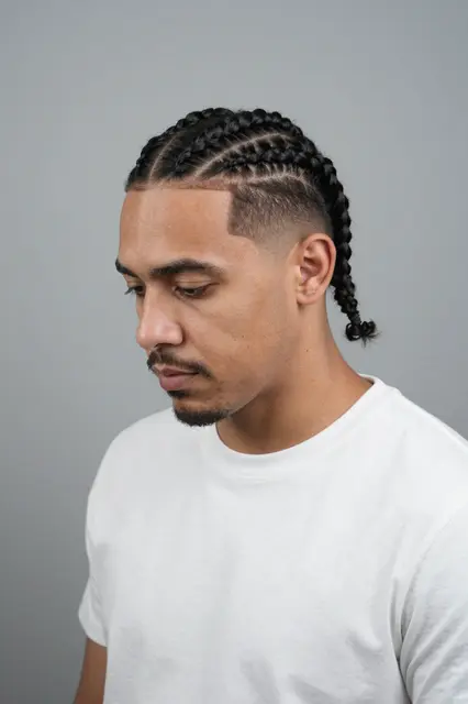 A Latino man in his thirties wears a plain white t-shirt and styled cornrows against a soft gray backdrop, looking down and