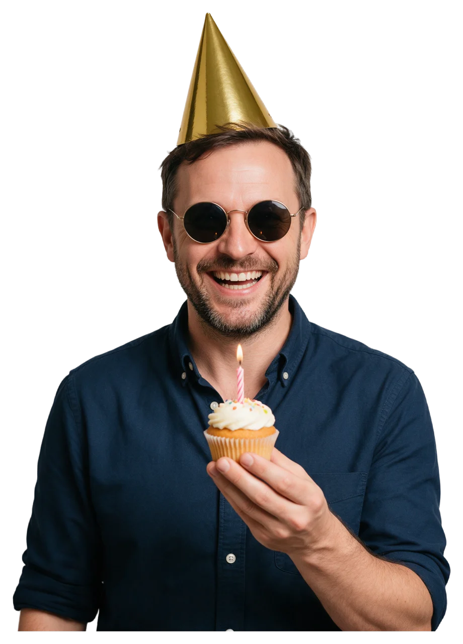 A smiling man in a gold party hat and sunglasses holds a cupcake with a lit candle.