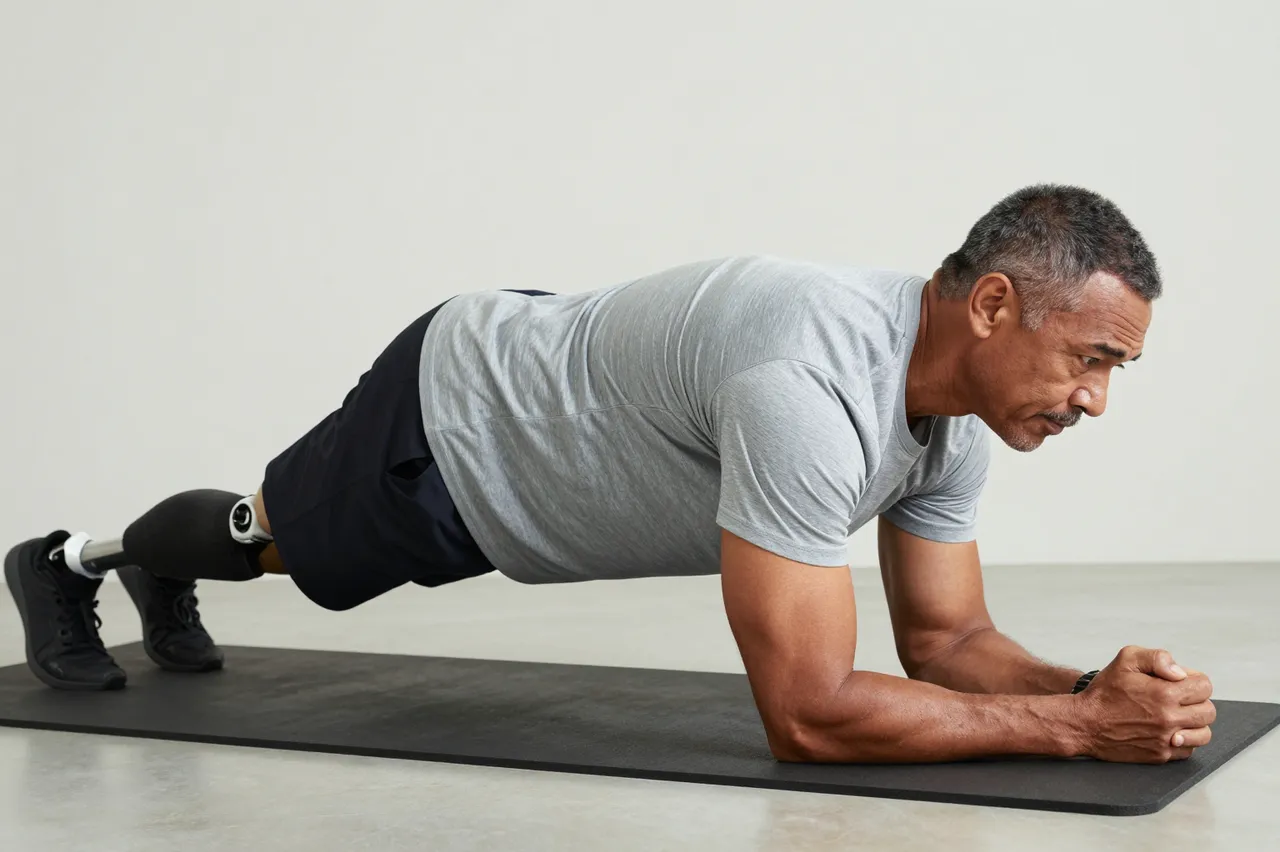Middle aged man with a prosthetic leg holds a forearm plank on a black exercise mat in a plain indoor space