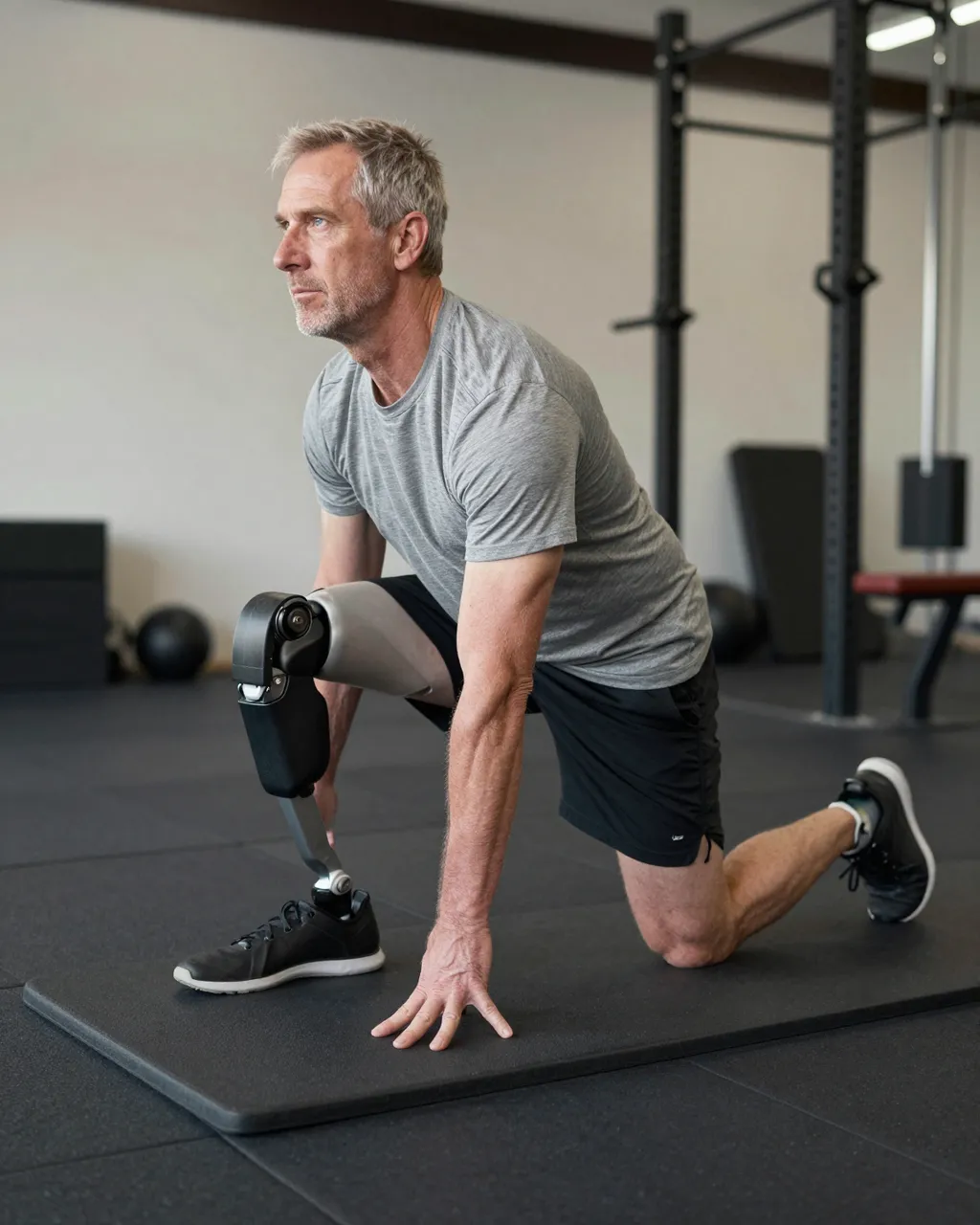 Middle aged man with a prosthetic leg holds a lunge stretch on a gym exercise mat