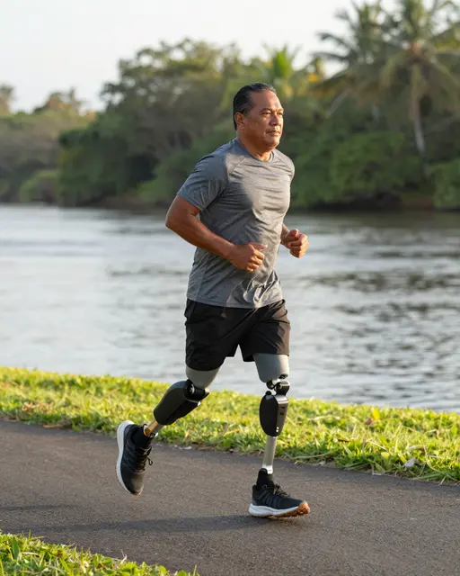 Mature Pacific Islander man with dual prosthetic legs jogs on a paved riverside path at sunrise in side view.
