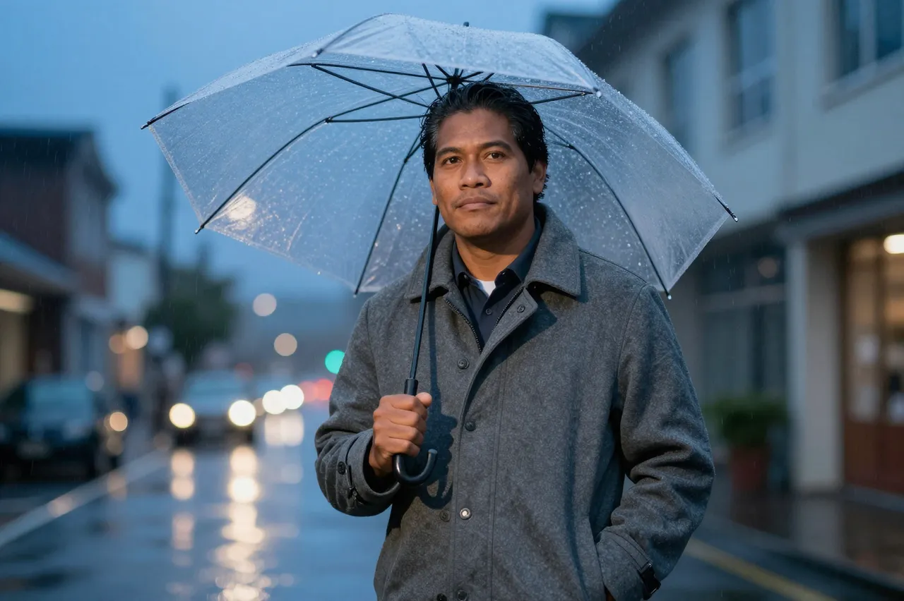 Pacific Islander man in a gray coat holds a clear umbrella while standing on a wet town street at blue hour in rain.