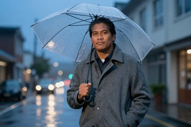 Pacific Islander man in a gray coat holds a clear umbrella while standing on a wet town street at blue hour in rain.