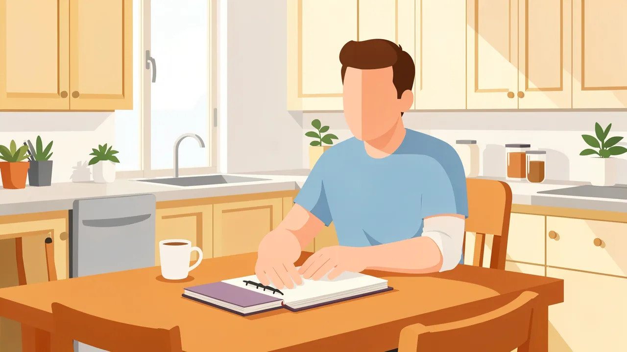 Faceless adult man sits at a sunlit kitchen table with an open notebook and coffee mug