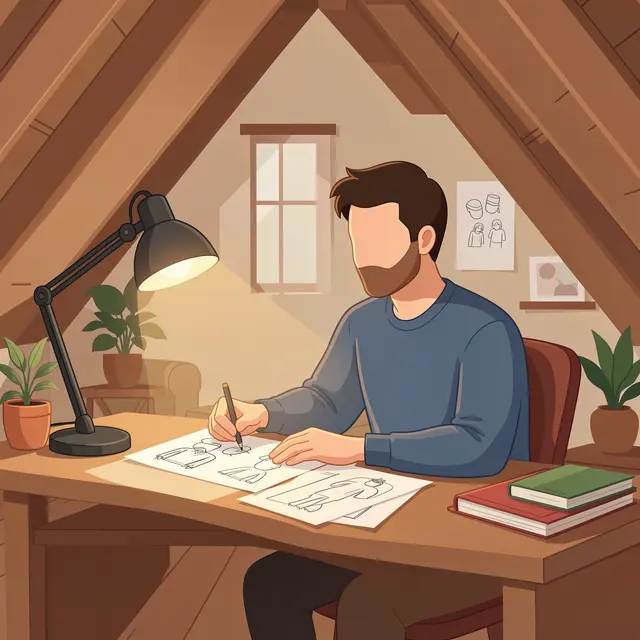 Faceless man sketches on paper at a wooden attic desk lit by a desk lamp