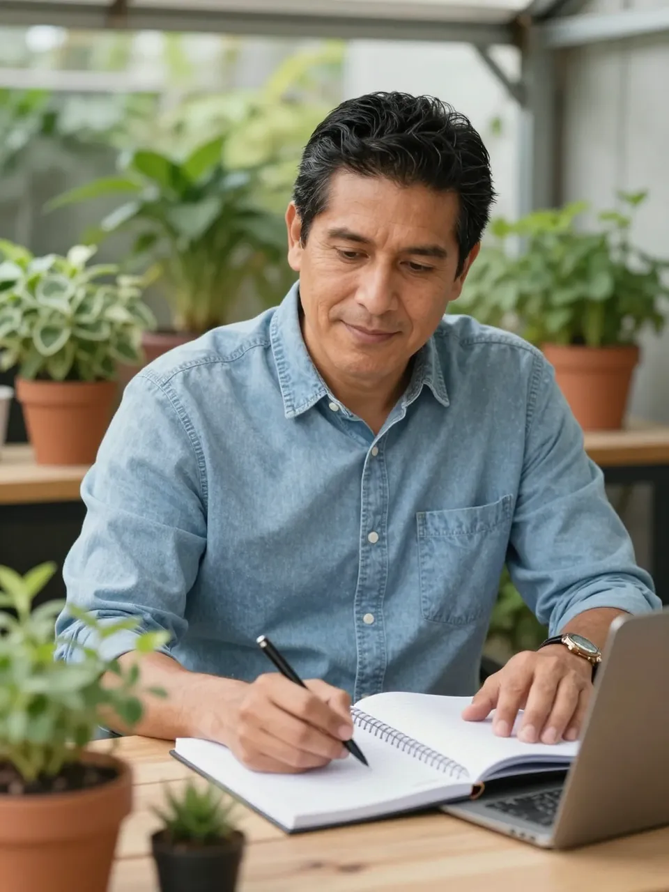 Middle aged Latino man writes in an open notebook at a wooden desk surrounded by potted plants