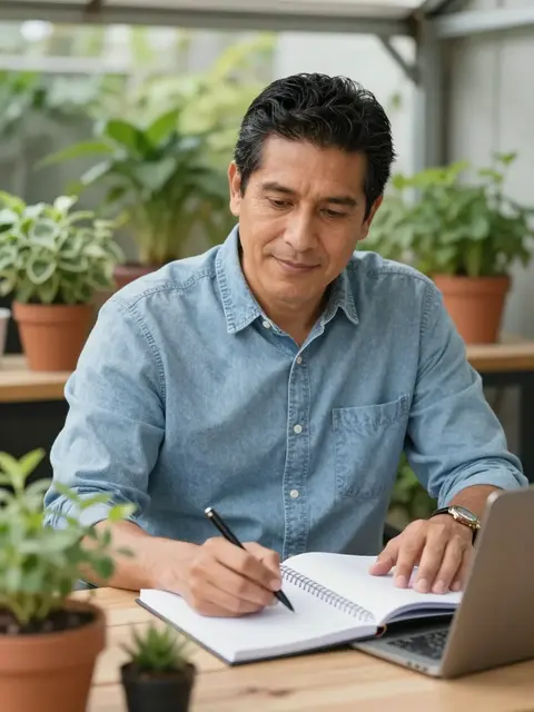 Middle aged Latino man writes in an open notebook at a wooden desk surrounded by potted plants