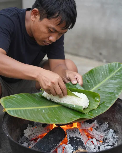 Southeast Asian man wraps cooked rice in banana leaves over glowing charcoal embers.