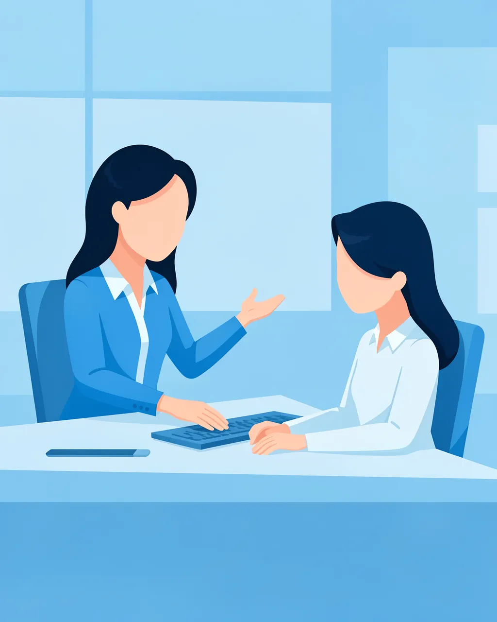 Two faceless office women sit at a desk as one gestures to encourage the other in a sky blue office scene