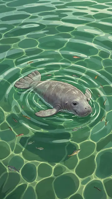 An illustrated manatee floats in sun-dappled green water surrounded by small schooling fish.