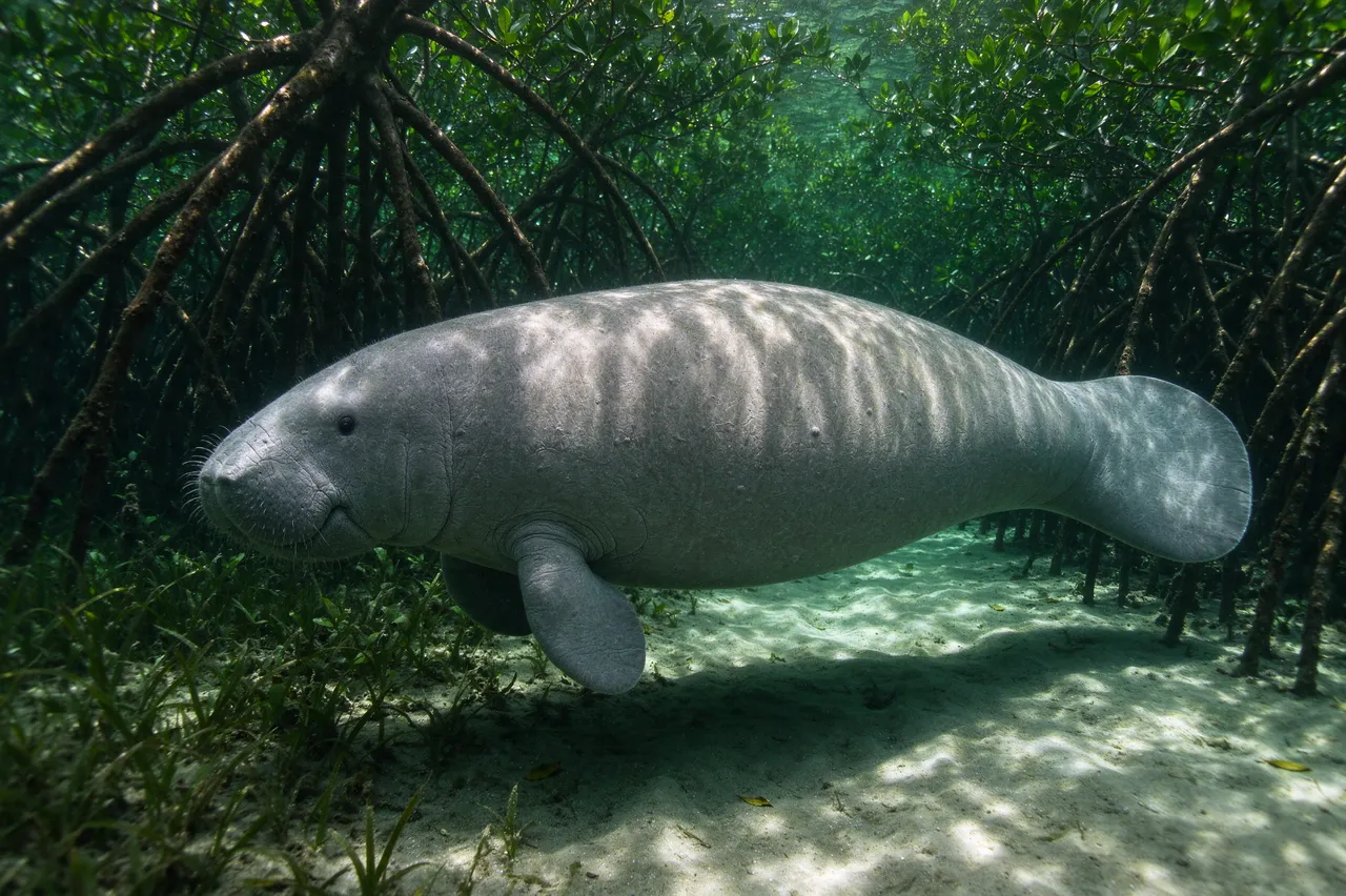 A gray manatee swims slowly above a sandy seabed between mangrove roots with dappled green underwater light