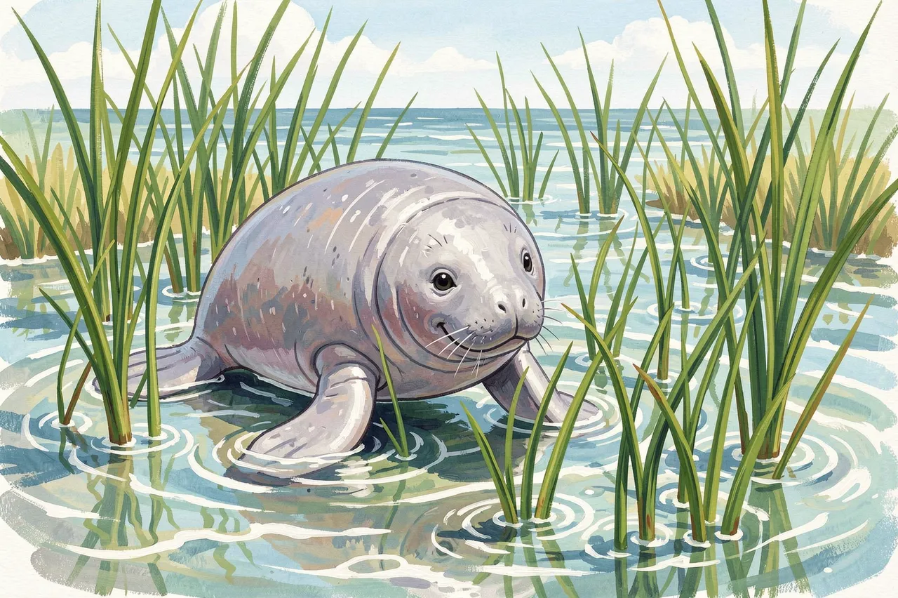 Cute gouache illustration of a manatee resting in clear shallow water among seagrass stalks