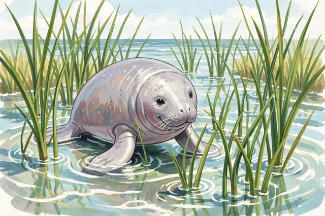 Cute gouache illustration of a manatee resting in clear shallow water among seagrass stalks