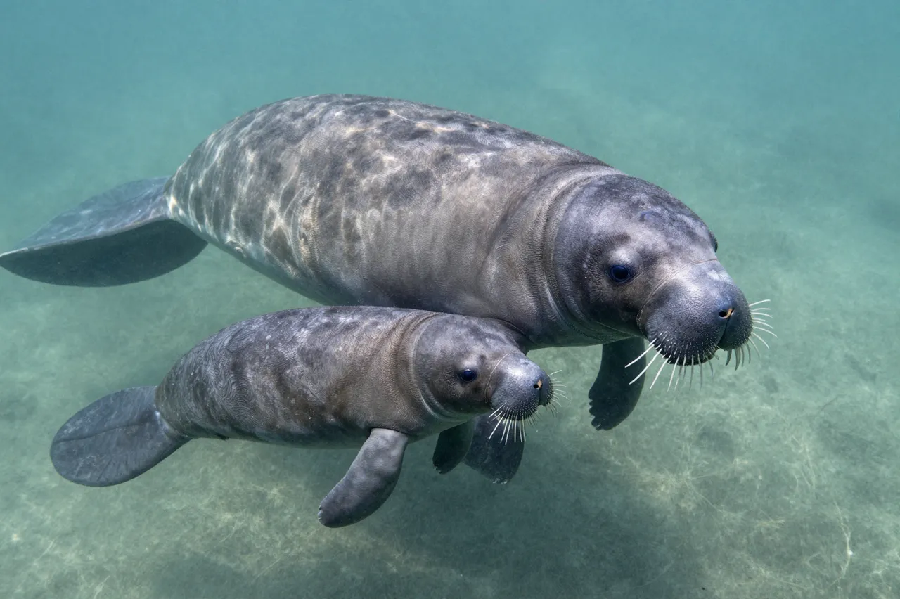 An adult manatee swims alongside its small calf in clear turquoise shallow water.