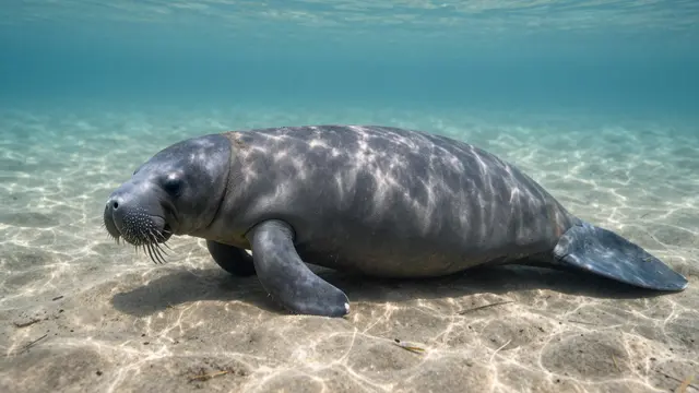 A manatee rests on the sandy floor of a clear sun-dappled freshwater spring