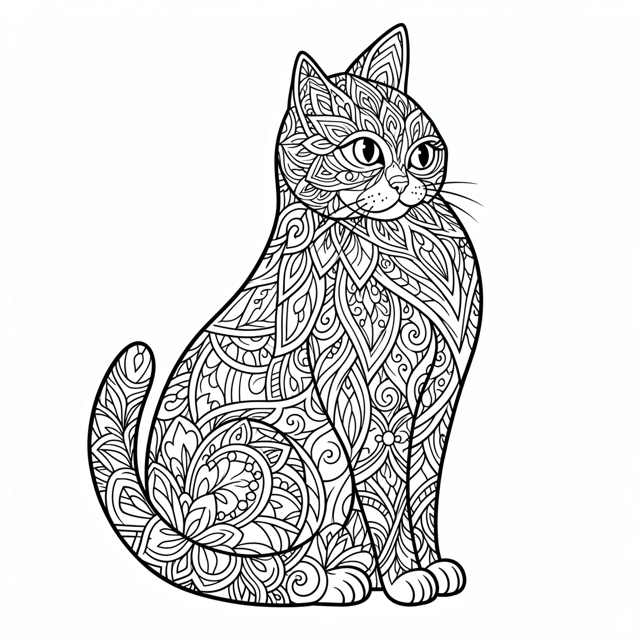 Black and white line art of a sitting cat filled with intricate mandala patterns on a plain white background