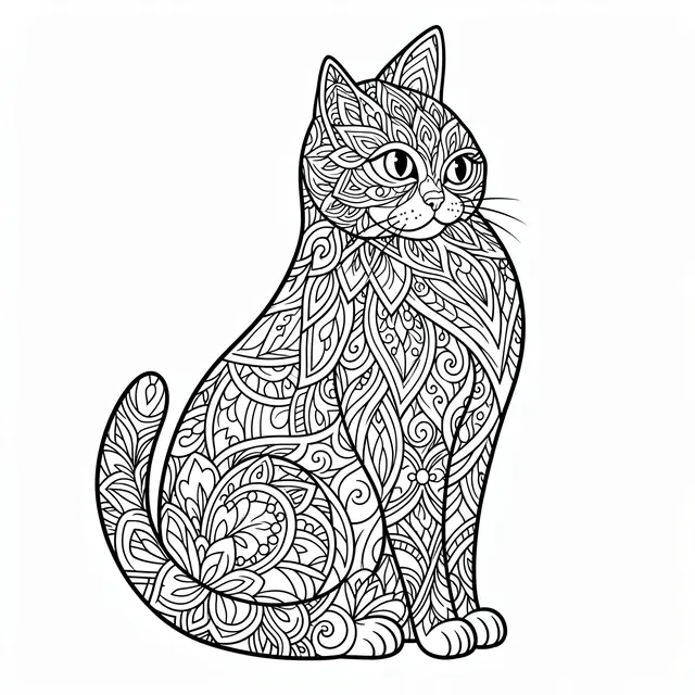 Black and white line art of a sitting cat filled with intricate mandala patterns on a plain white background