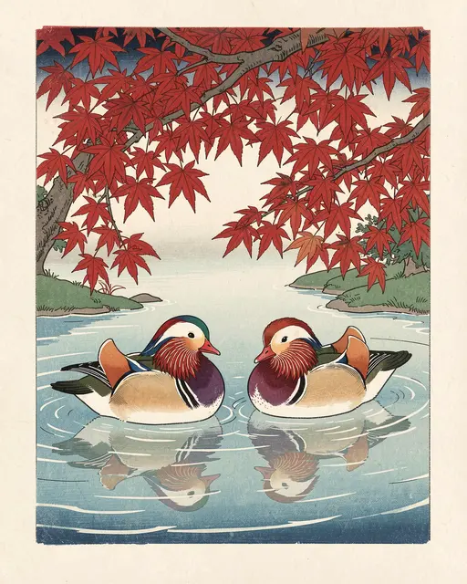 Japanese woodblock print of two mandarin ducks floating on a pond beneath red autumn maple leaves.