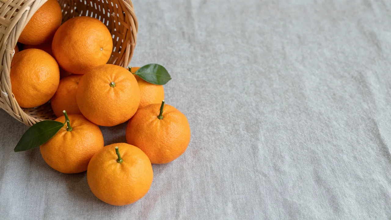 Fresh mandarin oranges with green leaves spill from a woven basket onto a gray linen cloth with empty space to the right.