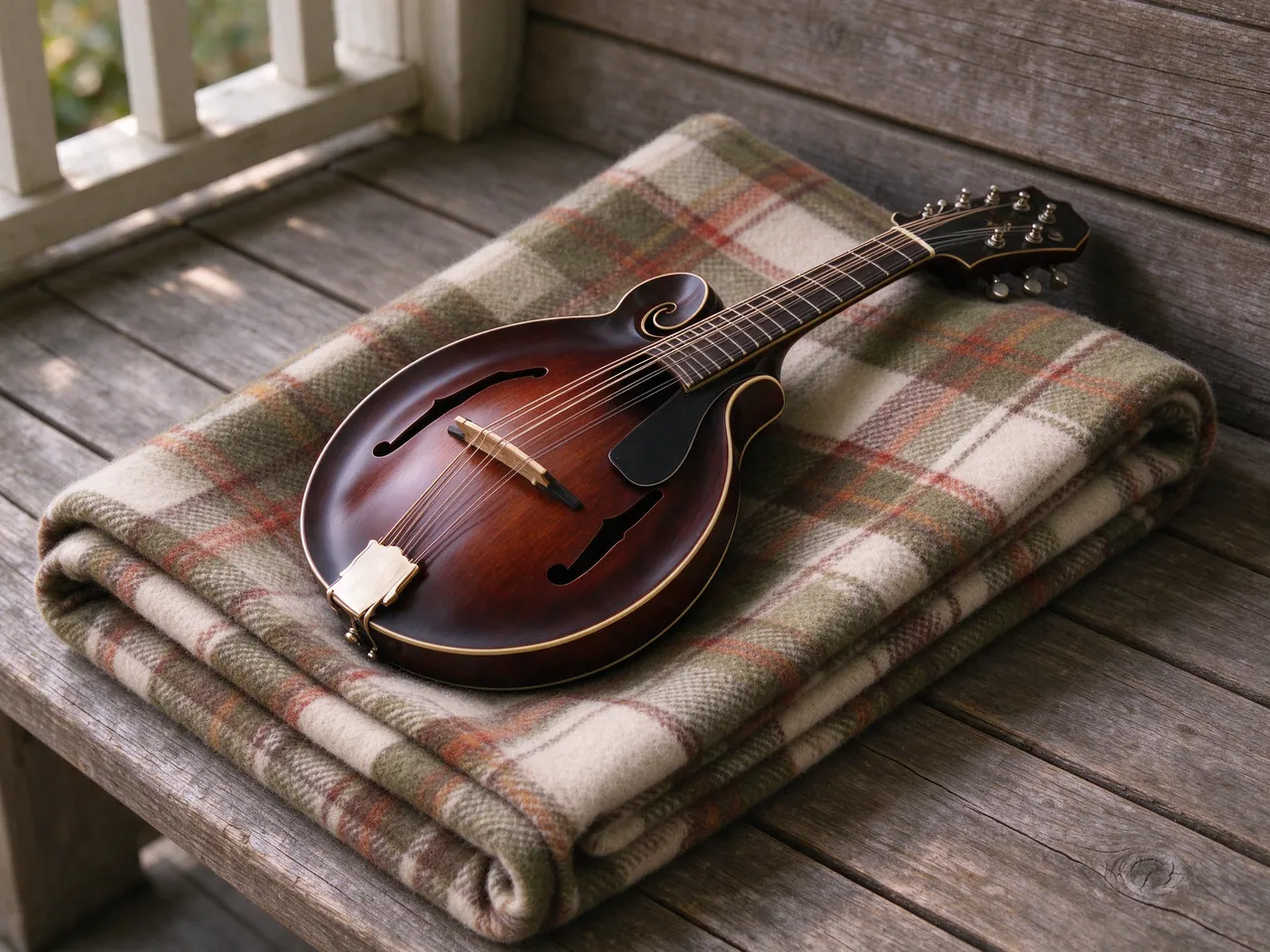 Wooden mandolin rests on a folded plaid wool blanket atop a weathered wooden porch bench in soft morning light