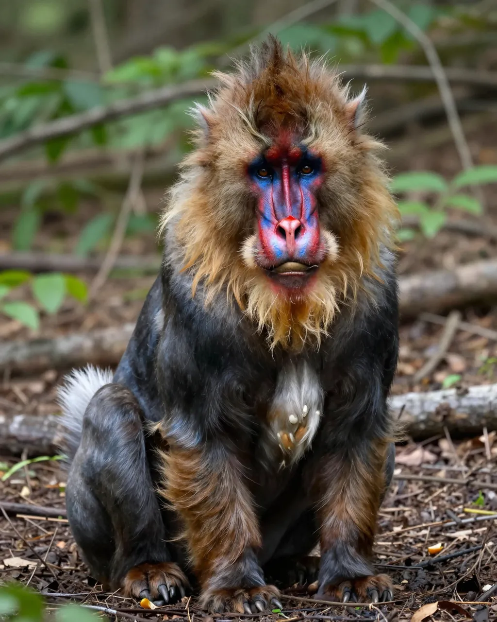 A mandrill with vivid red and blue facial markings and a golden beard sits upright on the forest floor facing the camera