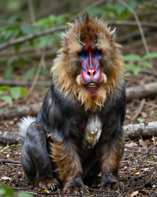 A mandrill with vivid red and blue facial markings and a golden beard sits upright on the forest floor facing the camera