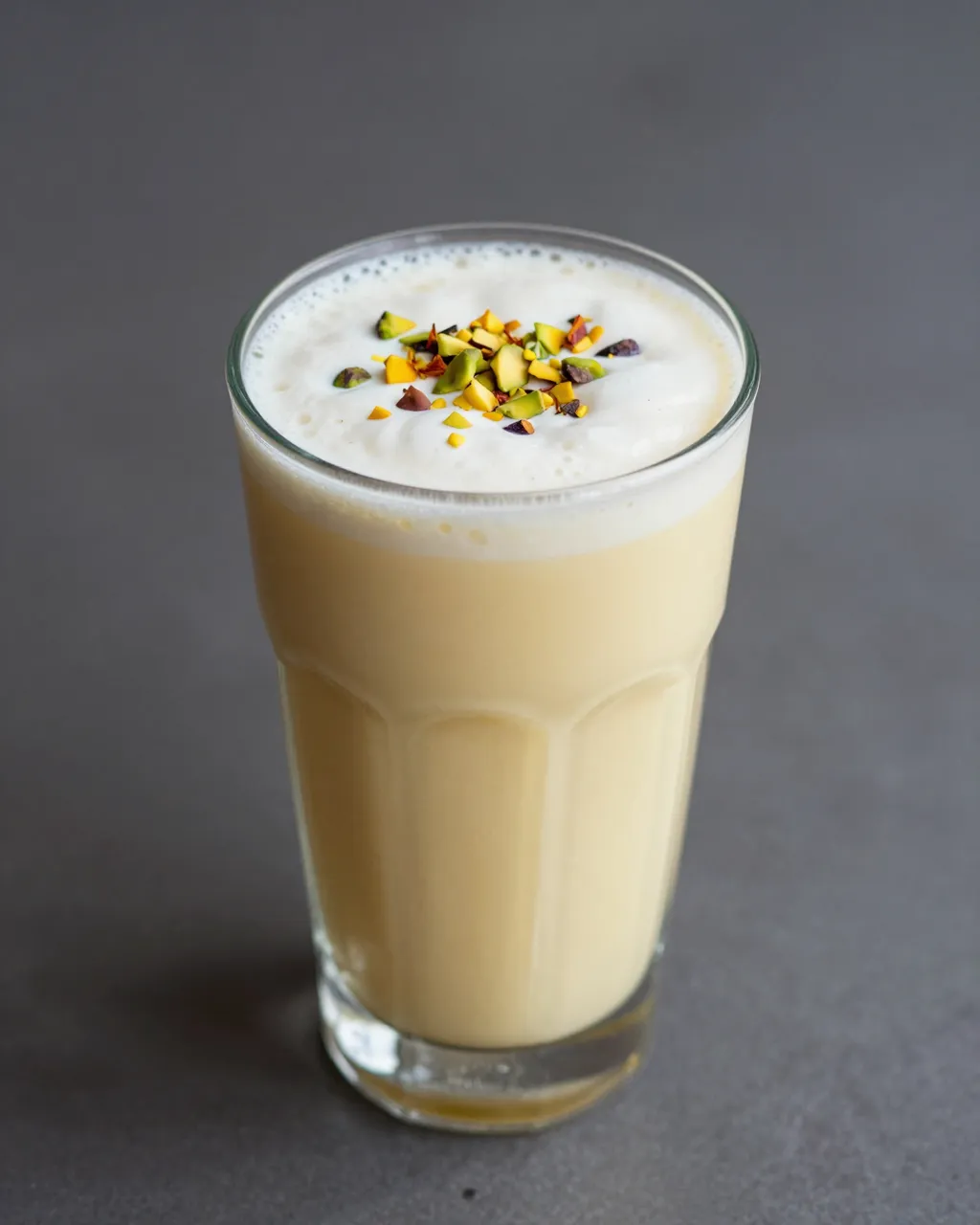 A tall glass of creamy mango lassi topped with chopped pistachios rests on a matte gray surface