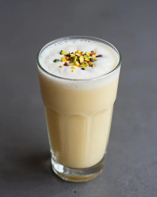 A tall glass of creamy mango lassi topped with chopped pistachios rests on a matte gray surface