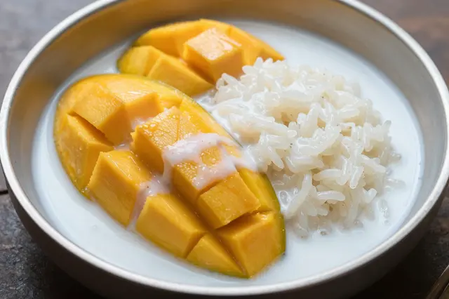 A metal bowl holds sliced ripe mango, glutinous sticky rice, and creamy coconut cream.