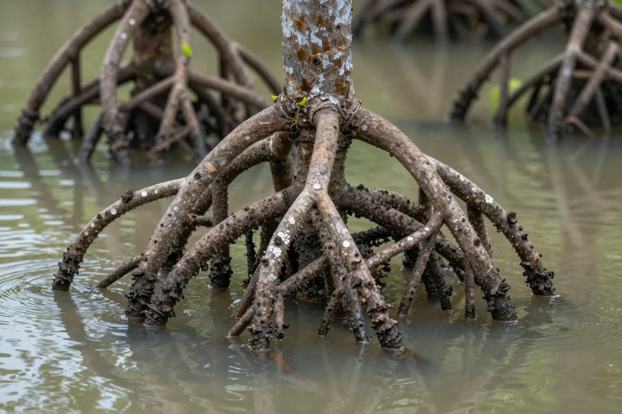 Stilted mangrove tree roots rise from calm, murky shallow wetland water.