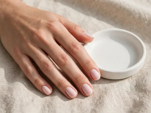 Close-up of a hand with soft milky pink oval manicured nails resting next to a small white ceramic dish on linen fabric in