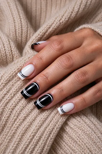 Close-up of a hand with black and white double French manicure resting on a beige knit sweater