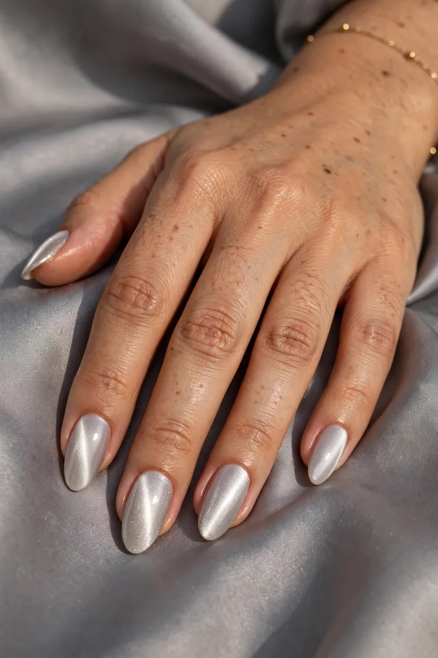 A hand with glossy silver almond nails rests smoothly draped grey silk fabric.