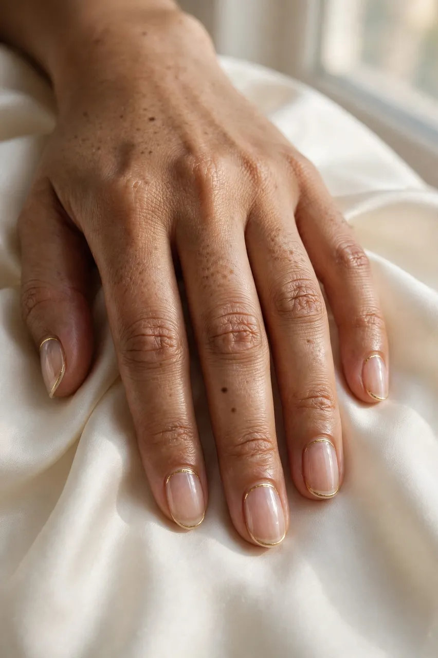 Close-up of a woman's hand with thin gold arc nail art resting on soft ivory silk near a sunlit window.