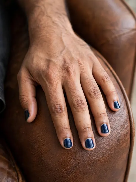 Close-up of a South Asian man's hand with short navy blue nail polish resting on a brown leather armchair